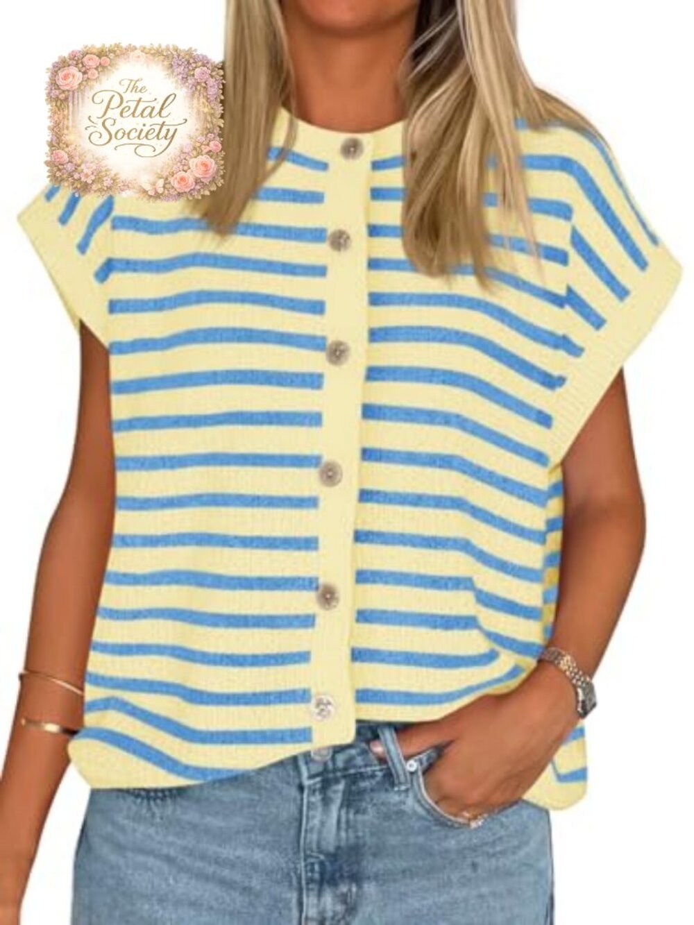 Striped Cap Sleeve Button Down Sweater Vest Cardigan